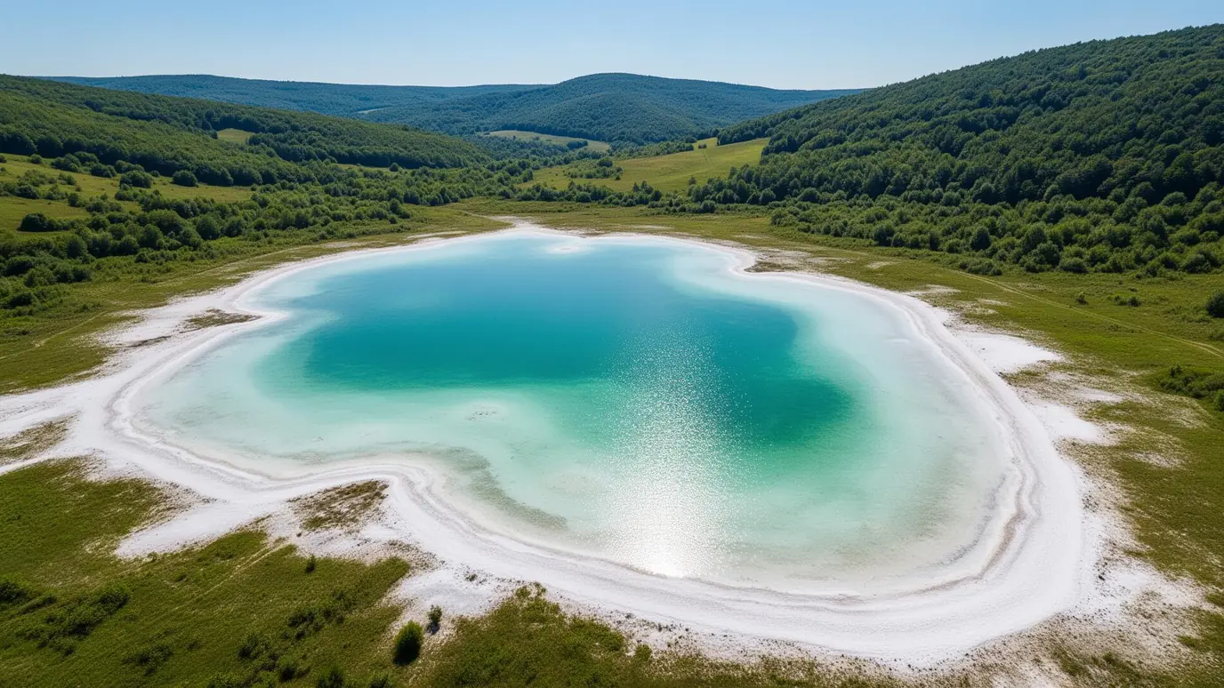 Lac sărat natural în România cu apă turcoaz și depozite de sare pe maluri, înconjurat de dealuri verzi