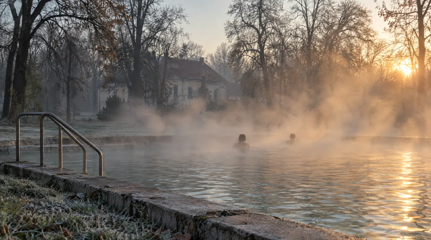 Băi termale lângă Arad: bazin exterior cu apă termală aburindă într-un parc de câmpie, într-o dimineață rece