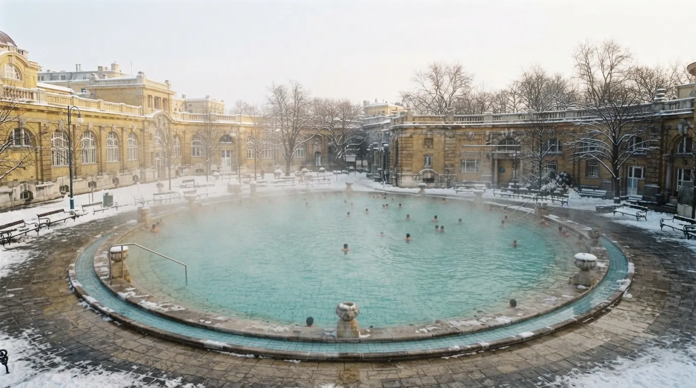 Băi termale în Ungaria lângă granița cu România: bazin de cură exterior cu apă termală aburindă, într-un parc cu copaci bătrâni, iarna