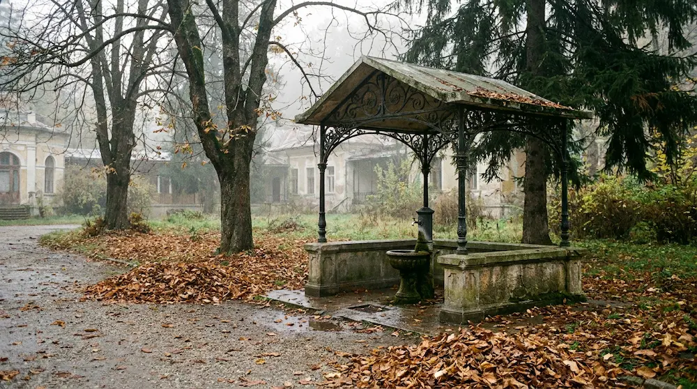 Pavilion de izvor mineral într-un parc de stațiune, cu alei și brazi, la Slănic Moldova