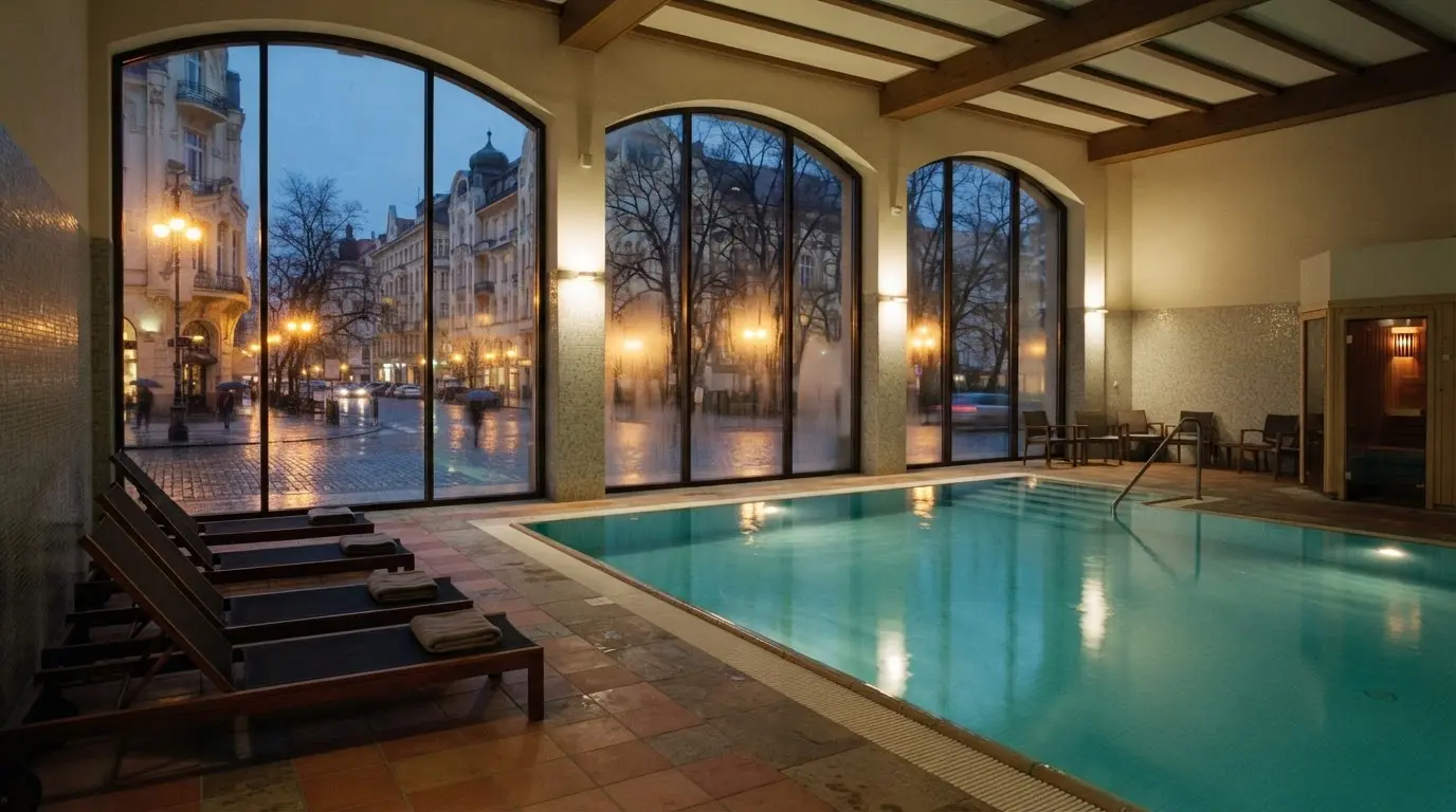Piscină interioară de hotel, cu ferestre mari spre o stradă de oraș cu clădiri vechi, seara, toamna