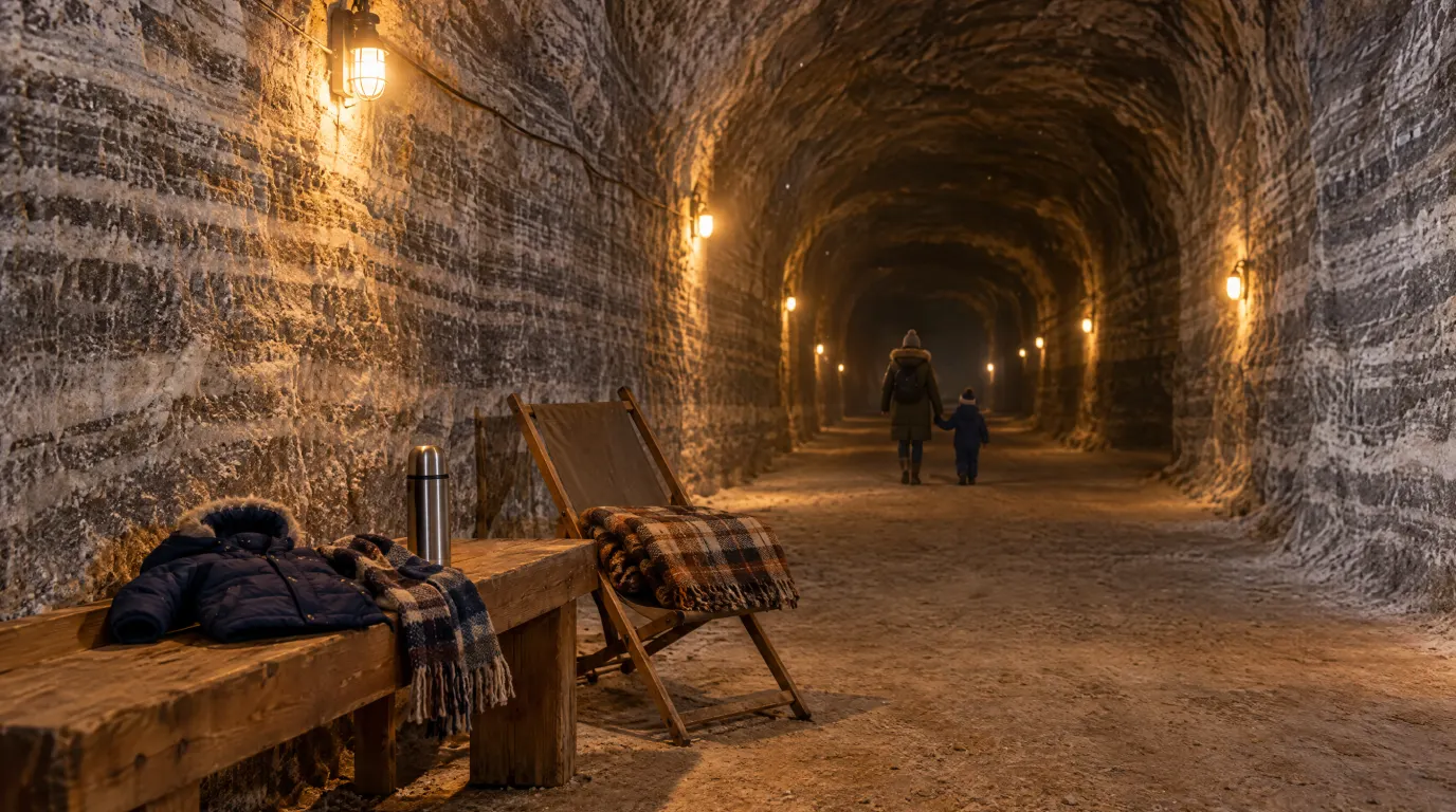 Salina pentru copii: galerie subterană de sare cu pereți striați și bănci de lemn, iluminată cald