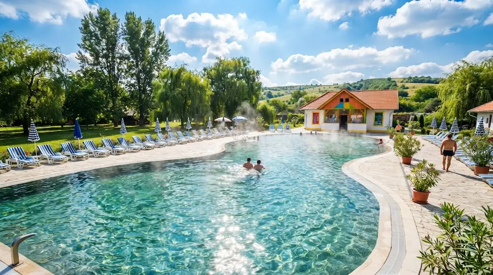 Bazin exterior cu apă termală aburindă la un ștrand din vestul României, dimineața devreme